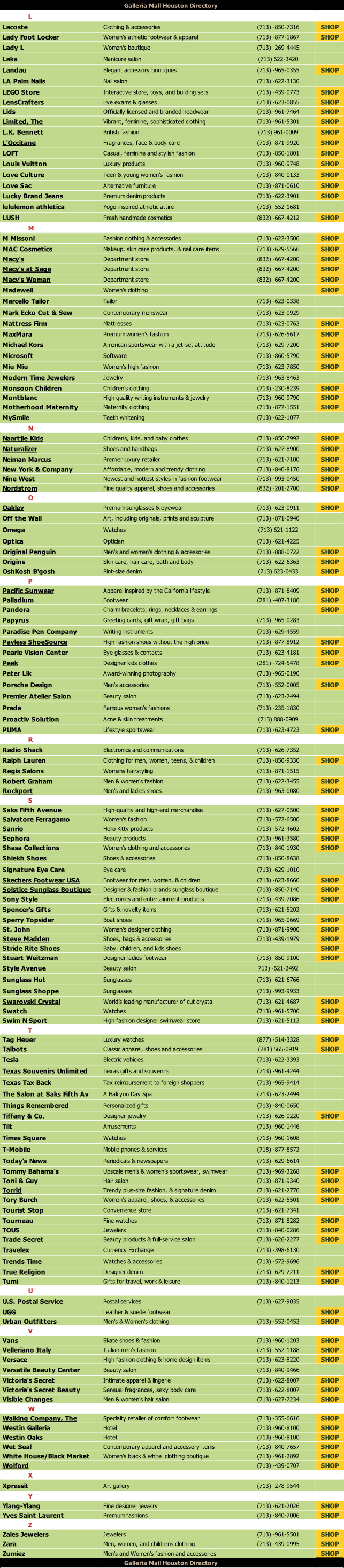 galleria mall stores list